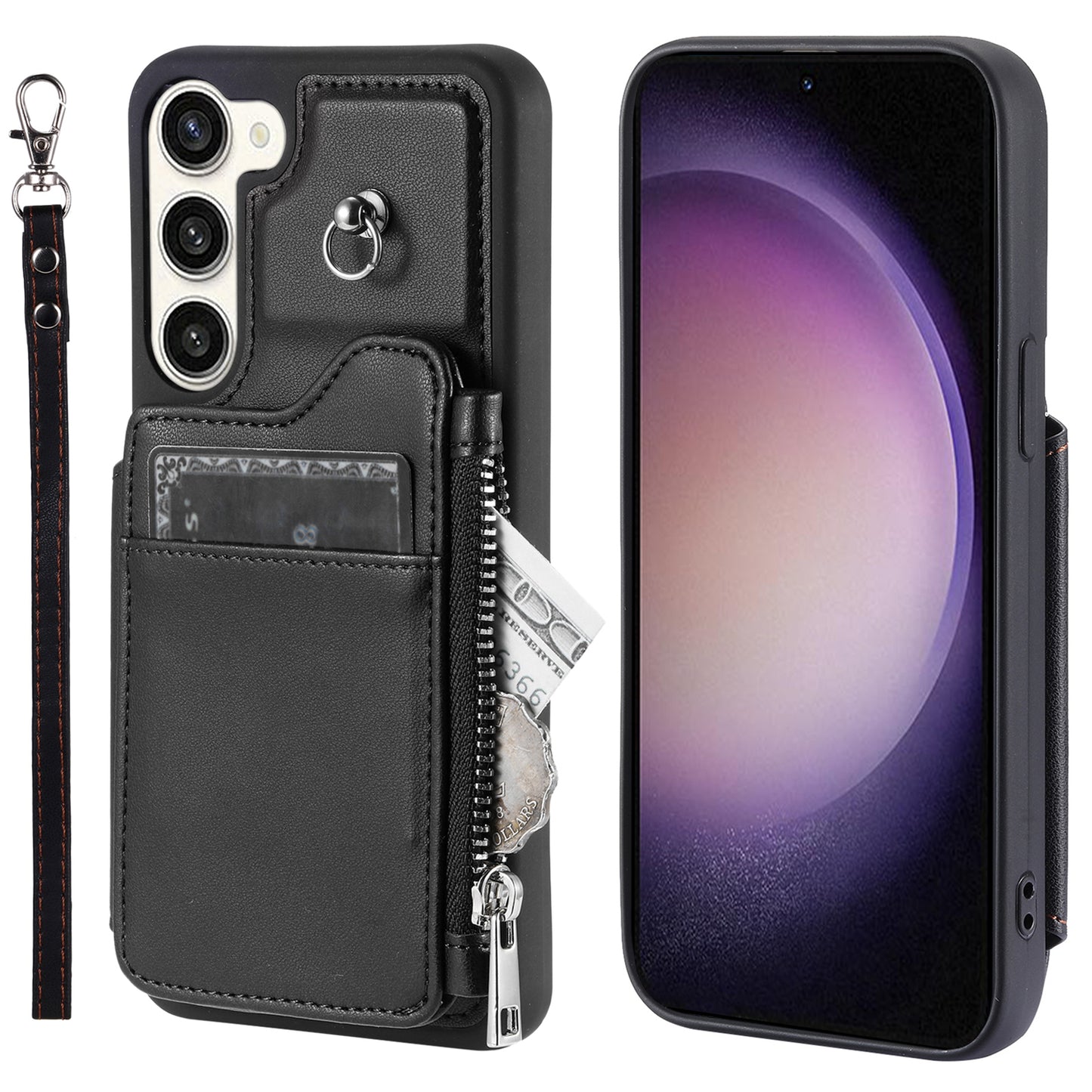 009 For Samsung Galaxy S23 RFID Blocking Zipper Phone Case PU Leather Coated TPU Wallet Kickstand Cover with Wrist Strap