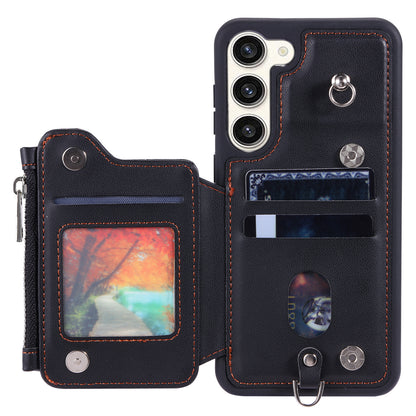 009 For Samsung Galaxy S23 RFID Blocking Zipper Phone Case PU Leather Coated TPU Wallet Kickstand Cover with Wrist Strap