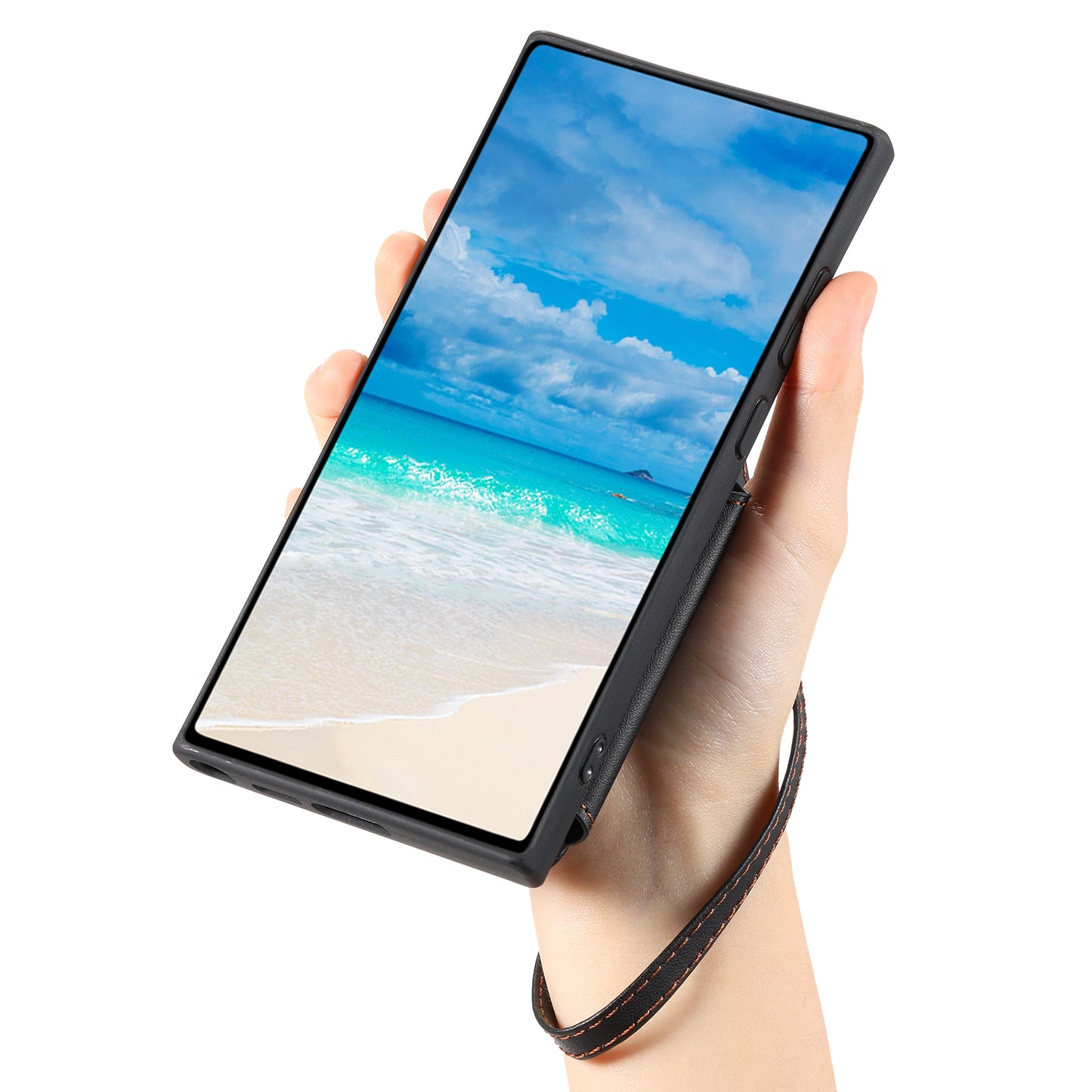 009 For Samsung Galaxy S23 RFID Blocking Zipper Phone Case PU Leather Coated TPU Wallet Kickstand Cover with Wrist Strap