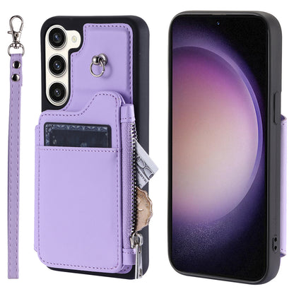 009 For Samsung Galaxy S23 RFID Blocking Zipper Phone Case PU Leather Coated TPU Wallet Kickstand Cover with Wrist Strap