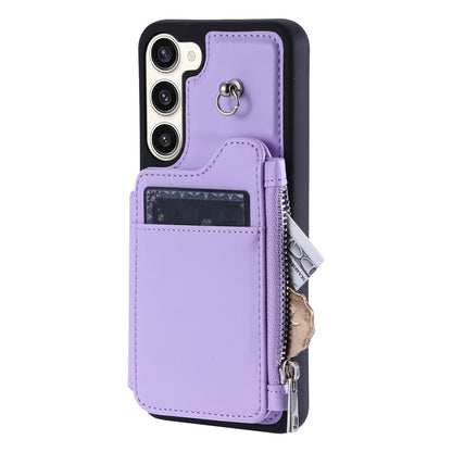 009 For Samsung Galaxy S23 RFID Blocking Zipper Phone Case PU Leather Coated TPU Wallet Kickstand Cover with Wrist Strap