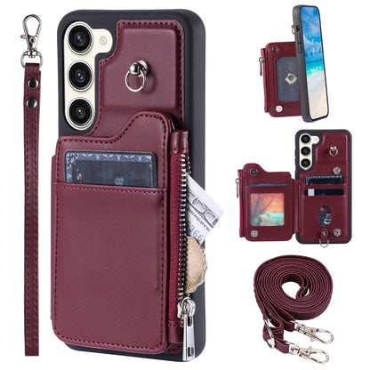 009 For Samsung Galaxy S23 PU Leather Coated TPU Zipper Phone Case Wallet Kickstand RFID Blocking Cover with Straps