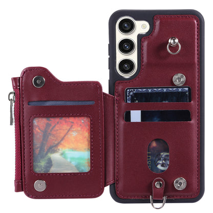 009 For Samsung Galaxy S23 PU Leather Coated TPU Zipper Phone Case Wallet Kickstand RFID Blocking Cover with Straps