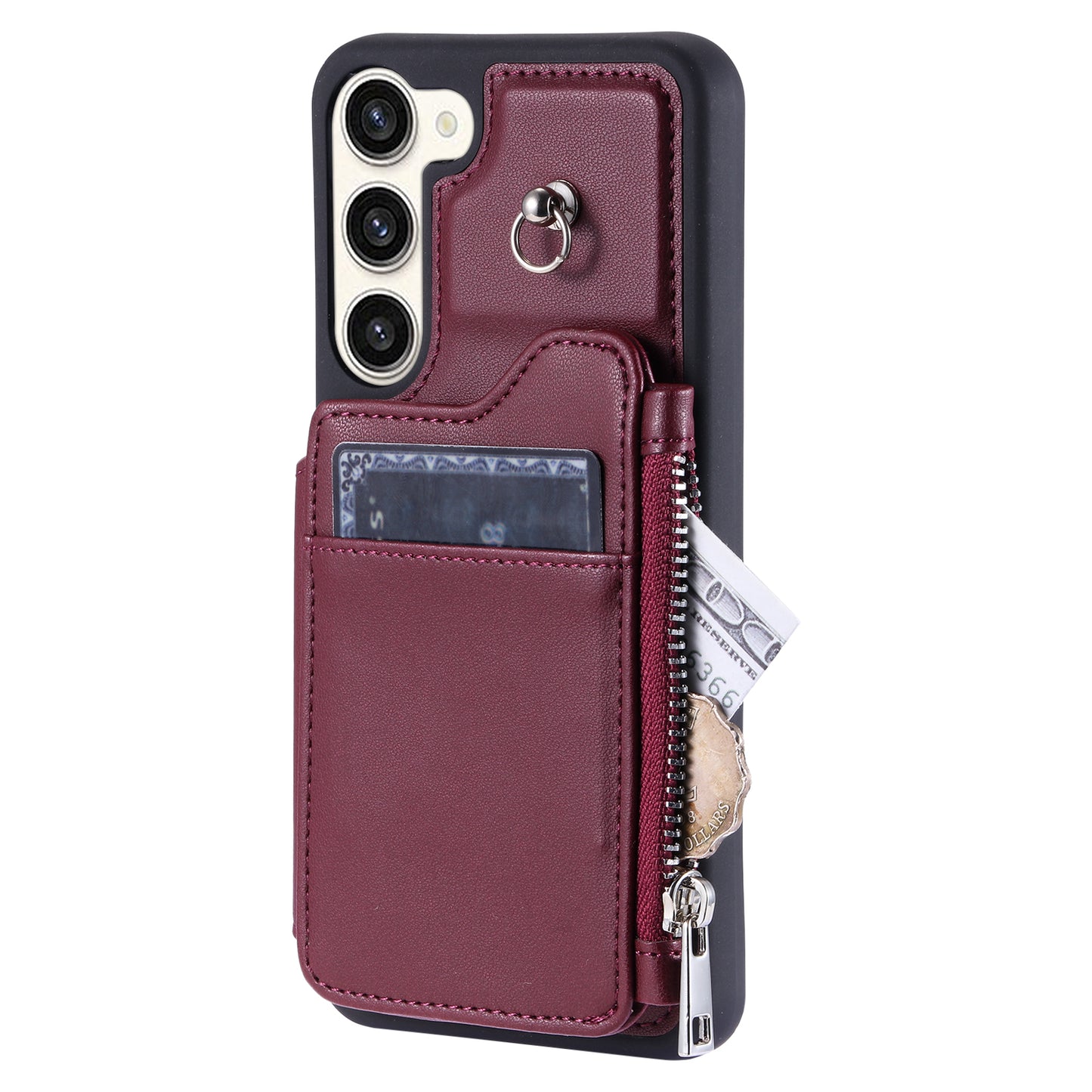 009 For Samsung Galaxy S23 PU Leather Coated TPU Zipper Phone Case Wallet Kickstand RFID Blocking Cover with Straps