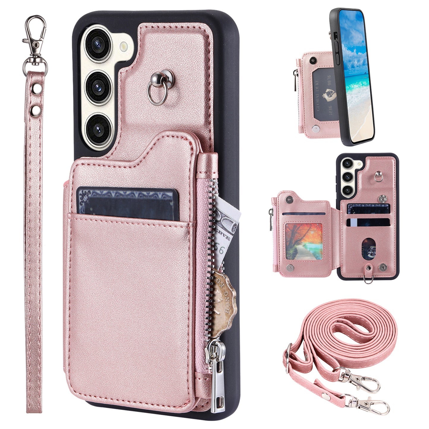 009 For Samsung Galaxy S23 PU Leather Coated TPU Zipper Phone Case Wallet Kickstand RFID Blocking Cover with Straps