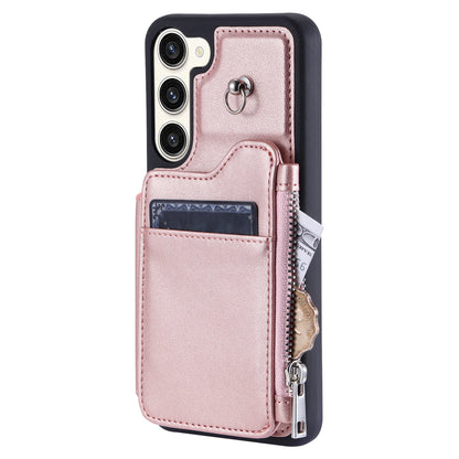 009 For Samsung Galaxy S23 PU Leather Coated TPU Zipper Phone Case Wallet Kickstand RFID Blocking Cover with Straps