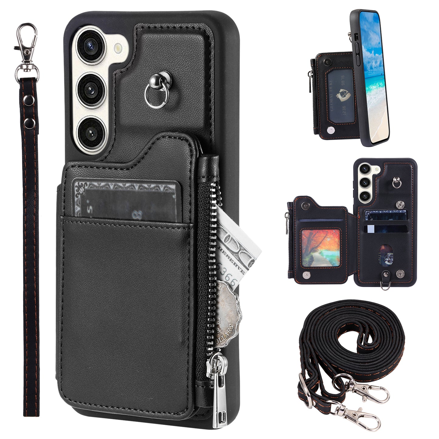 009 For Samsung Galaxy S23 PU Leather Coated TPU Zipper Phone Case Wallet Kickstand RFID Blocking Cover with Straps
