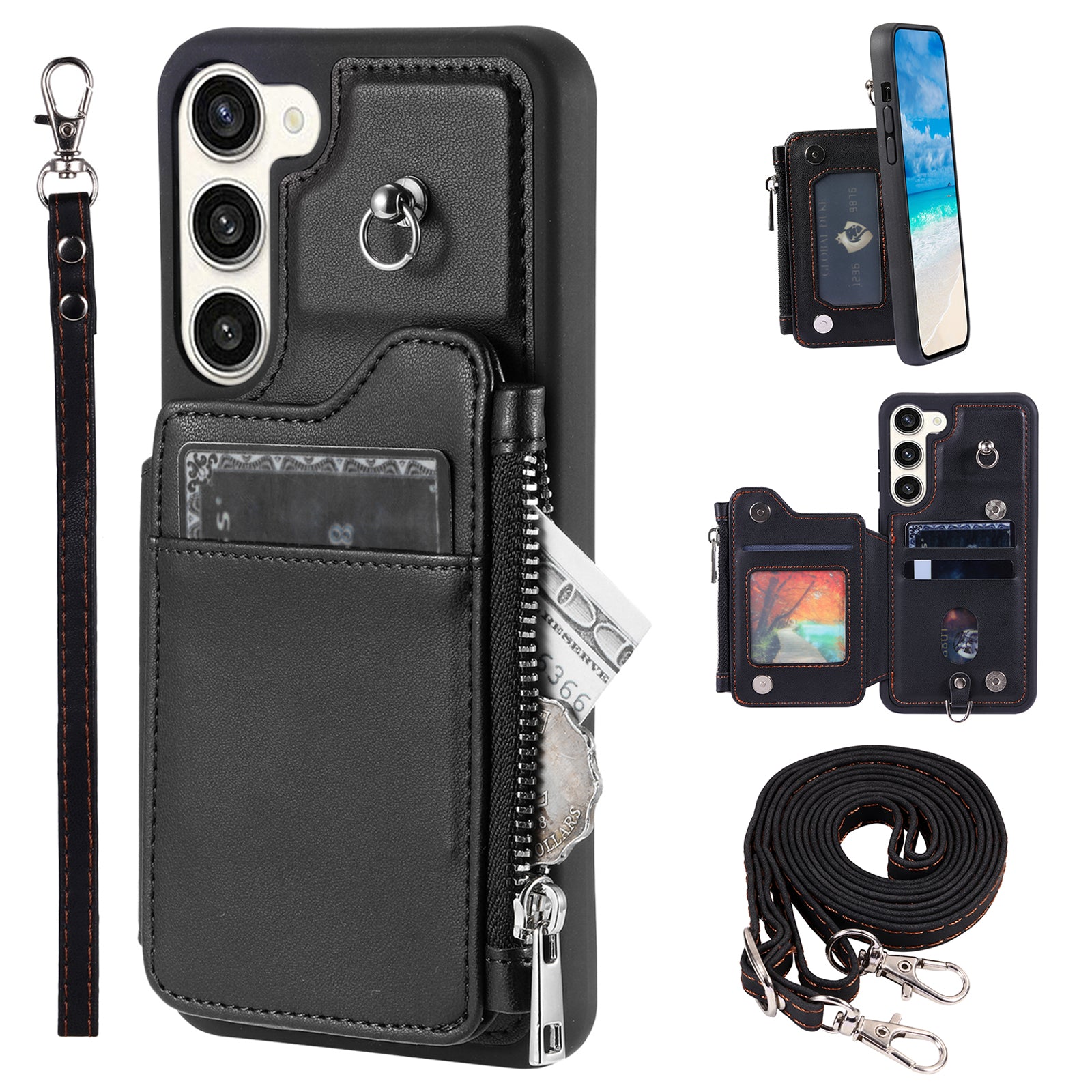 009 For Samsung Galaxy S23 PU Leather Coated TPU Zipper Phone Case Wallet Kickstand RFID Blocking Cover with Straps