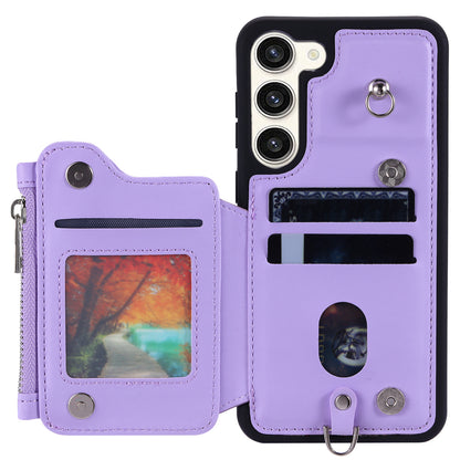 009 For Samsung Galaxy S23 PU Leather Coated TPU Zipper Phone Case Wallet Kickstand RFID Blocking Cover with Straps