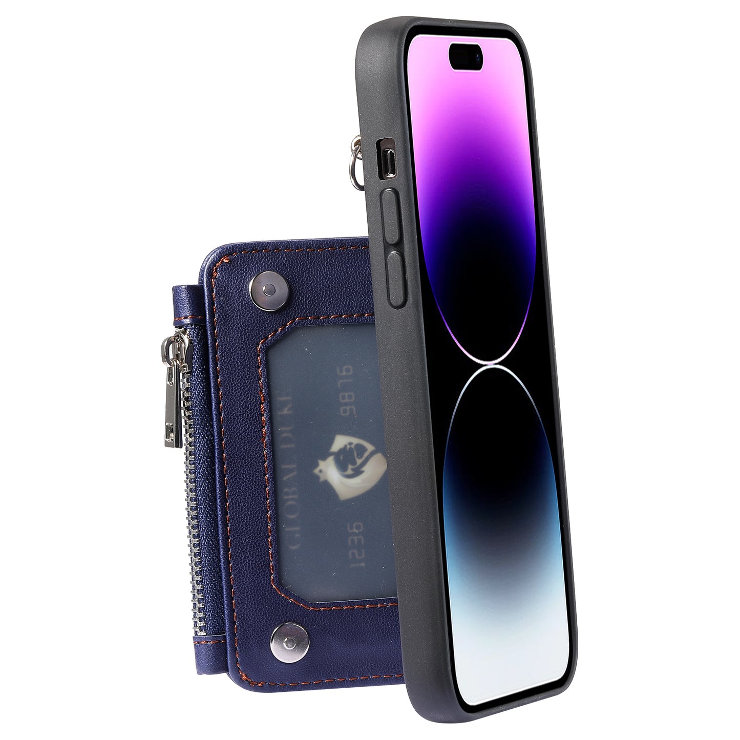 009 Kickstand Phone Case for iPhone 15 Pro , Zipper Wallet RFID Blocking PU+TPU Cover with Strap