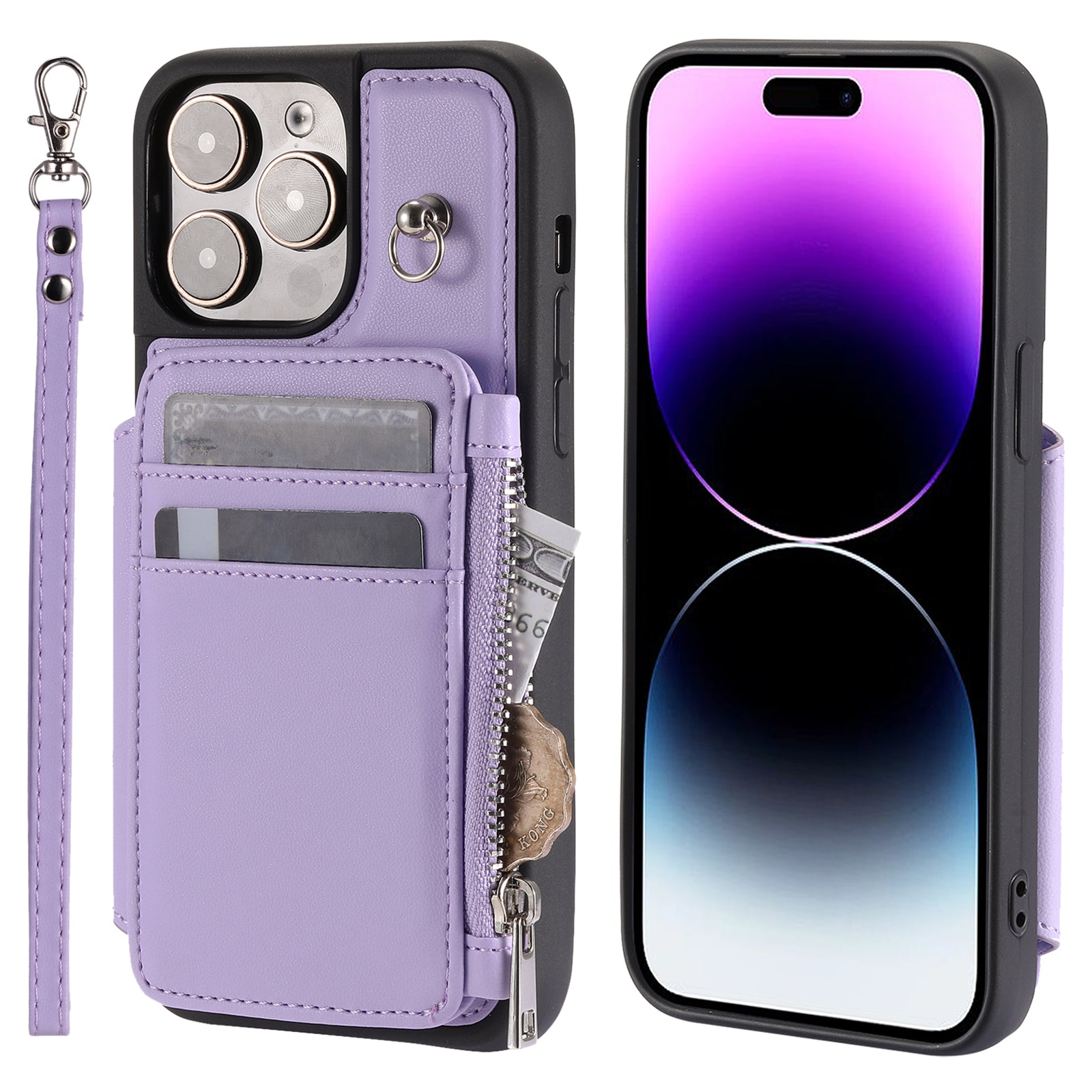 009 Kickstand Phone Case for iPhone 15 Pro , Zipper Wallet RFID Blocking PU+TPU Cover with Strap