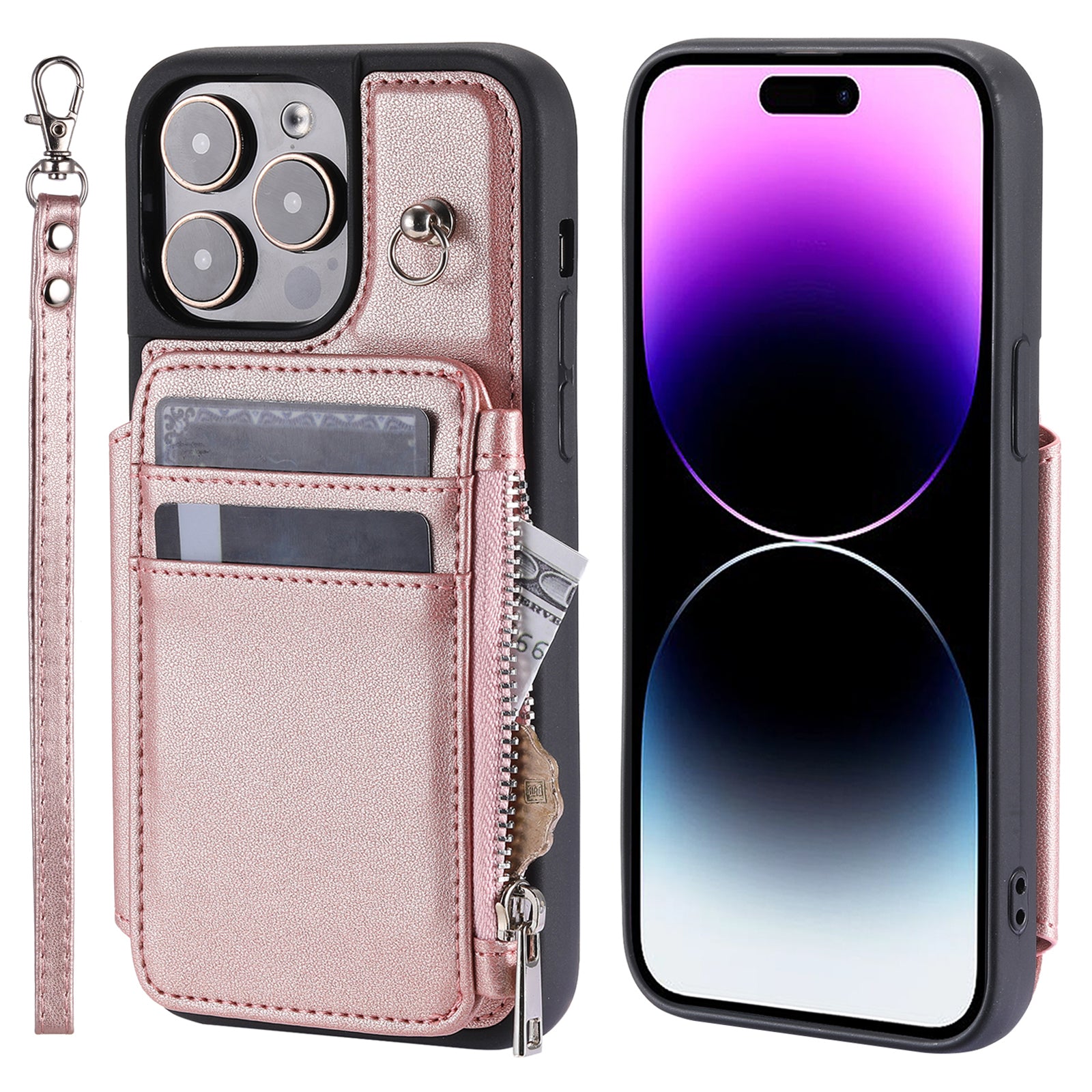 009 Kickstand Phone Case for iPhone 15 Pro , Zipper Wallet RFID Blocking PU+TPU Cover with Strap