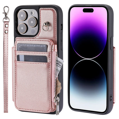 009 Kickstand Phone Case for iPhone 15 Pro , Zipper Wallet RFID Blocking PU+TPU Cover with Strap