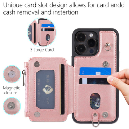 009 Kickstand Phone Case for iPhone 15 Pro , Zipper Wallet RFID Blocking PU+TPU Cover with Strap