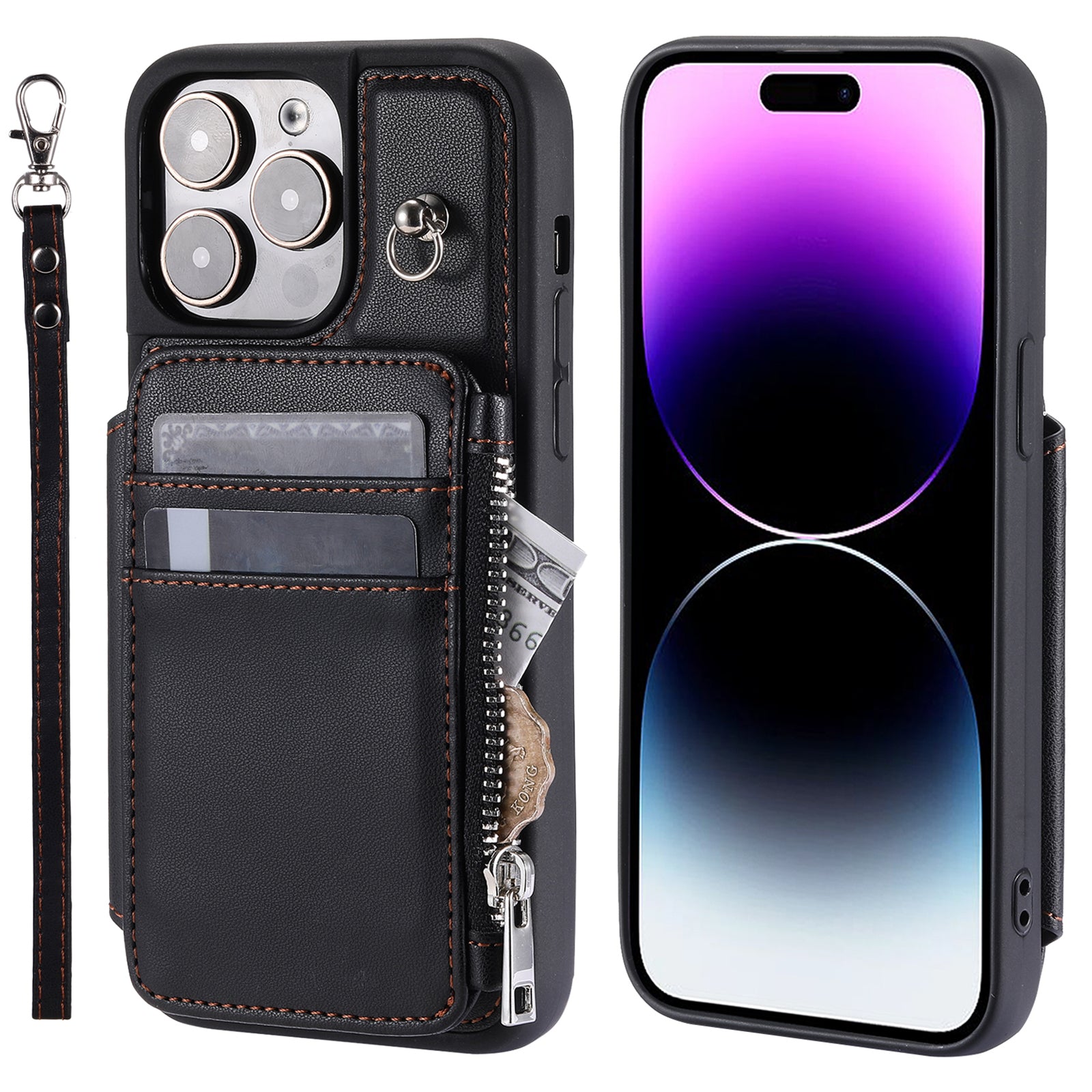009 Kickstand Phone Case for iPhone 15 Pro , Zipper Wallet RFID Blocking PU+TPU Cover with Strap
