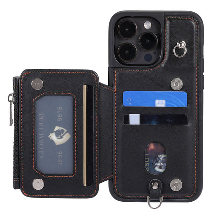 009 Kickstand Phone Case for iPhone 15 Pro , Zipper Wallet RFID Blocking PU+TPU Cover with Strap
