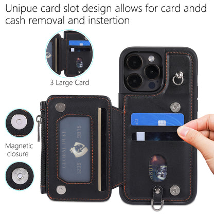 009 Kickstand Phone Case for iPhone 15 Pro , Zipper Wallet RFID Blocking PU+TPU Cover with Strap