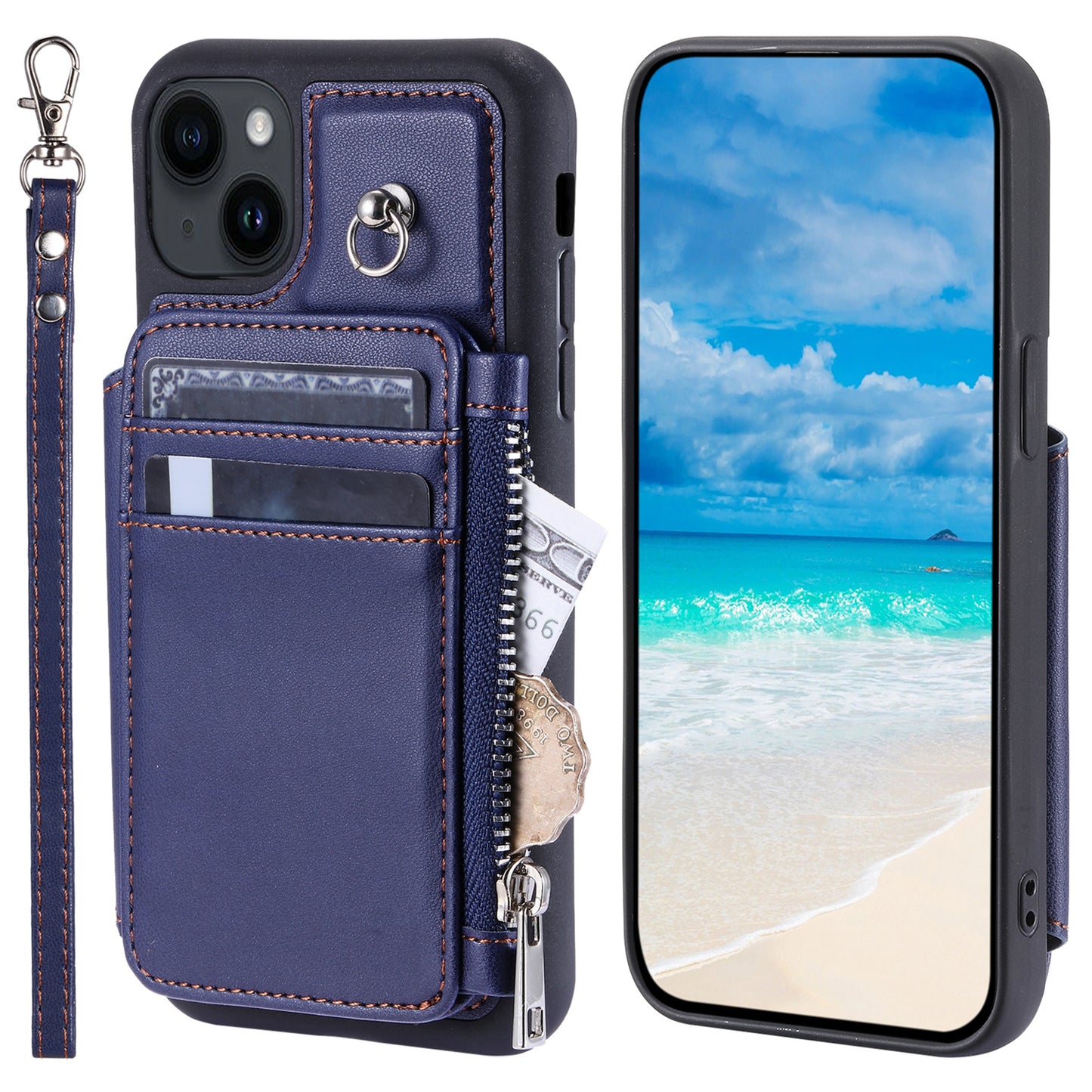 009 Anti-Scratch Phone Case for iPhone 15 , Wallet RFID Blocking PU+TPU Cover Kickstand Zipper Shell with Strap