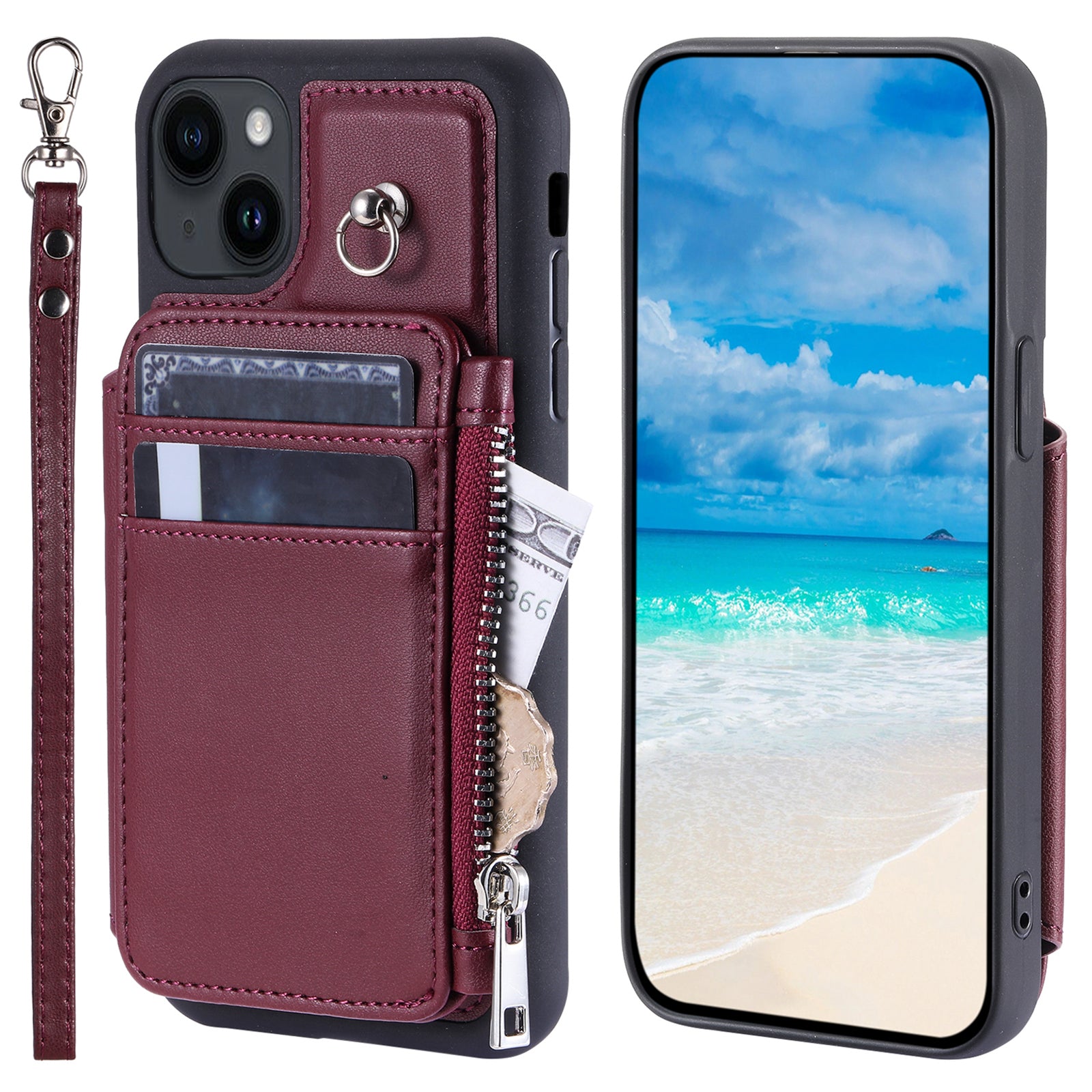 009 Anti-Scratch Phone Case for iPhone 15 , Wallet RFID Blocking PU+TPU Cover Kickstand Zipper Shell with Strap