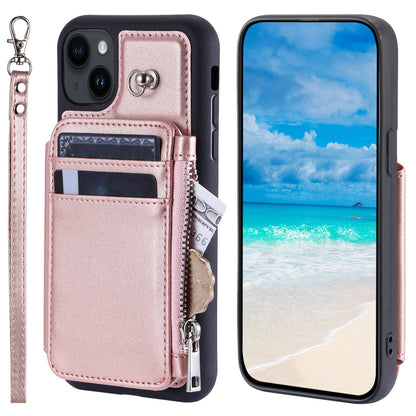 009 Anti-Scratch Phone Case for iPhone 15 , Wallet RFID Blocking PU+TPU Cover Kickstand Zipper Shell with Strap