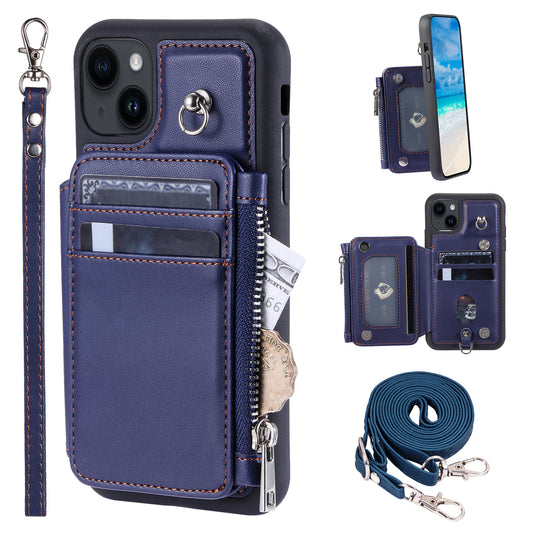 009 For iPhone 15 Kickstand Phone Cover RFID Blocking PU+TPU Zipper Wallet Phone Case with Straps