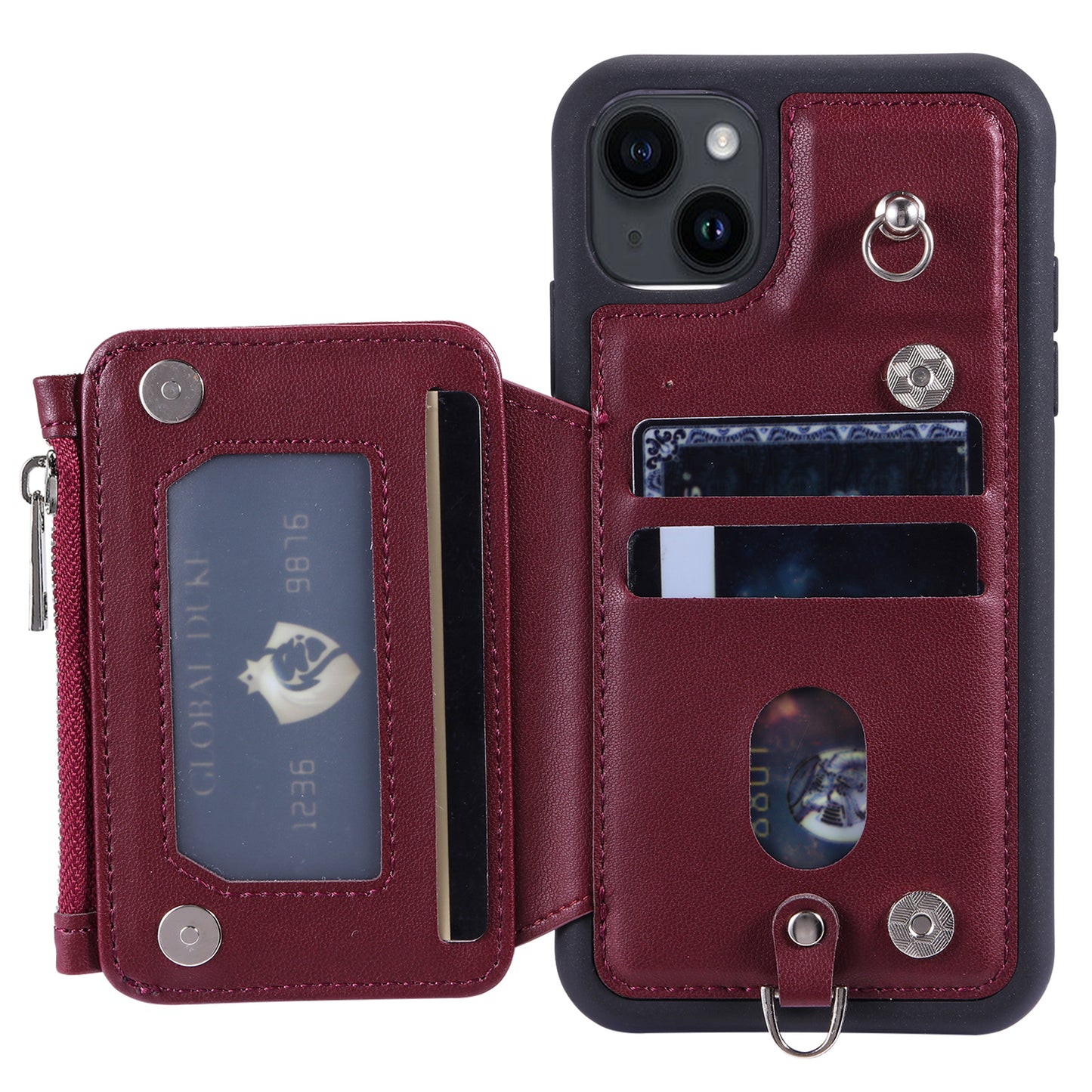 009 For iPhone 15 Kickstand Phone Cover RFID Blocking PU+TPU Zipper Wallet Phone Case with Straps