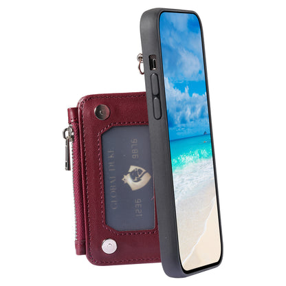 009 For iPhone 15 Kickstand Phone Cover RFID Blocking PU+TPU Zipper Wallet Phone Case with Straps