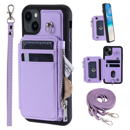 009 For iPhone 15 Kickstand Phone Cover RFID Blocking PU+TPU Zipper Wallet Phone Case with Straps