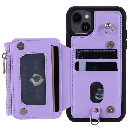 009 For iPhone 15 Kickstand Phone Cover RFID Blocking PU+TPU Zipper Wallet Phone Case with Straps