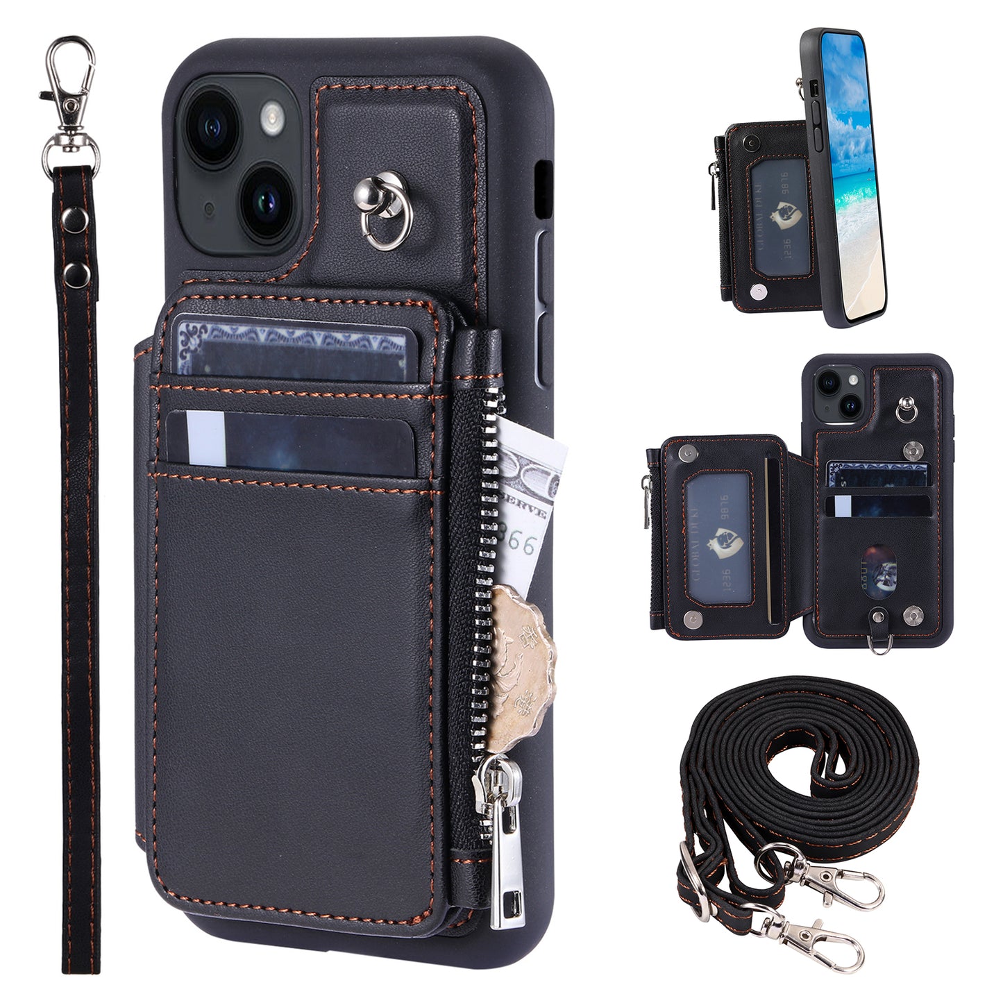 009 For iPhone 15 Kickstand Phone Cover RFID Blocking PU+TPU Zipper Wallet Phone Case with Straps