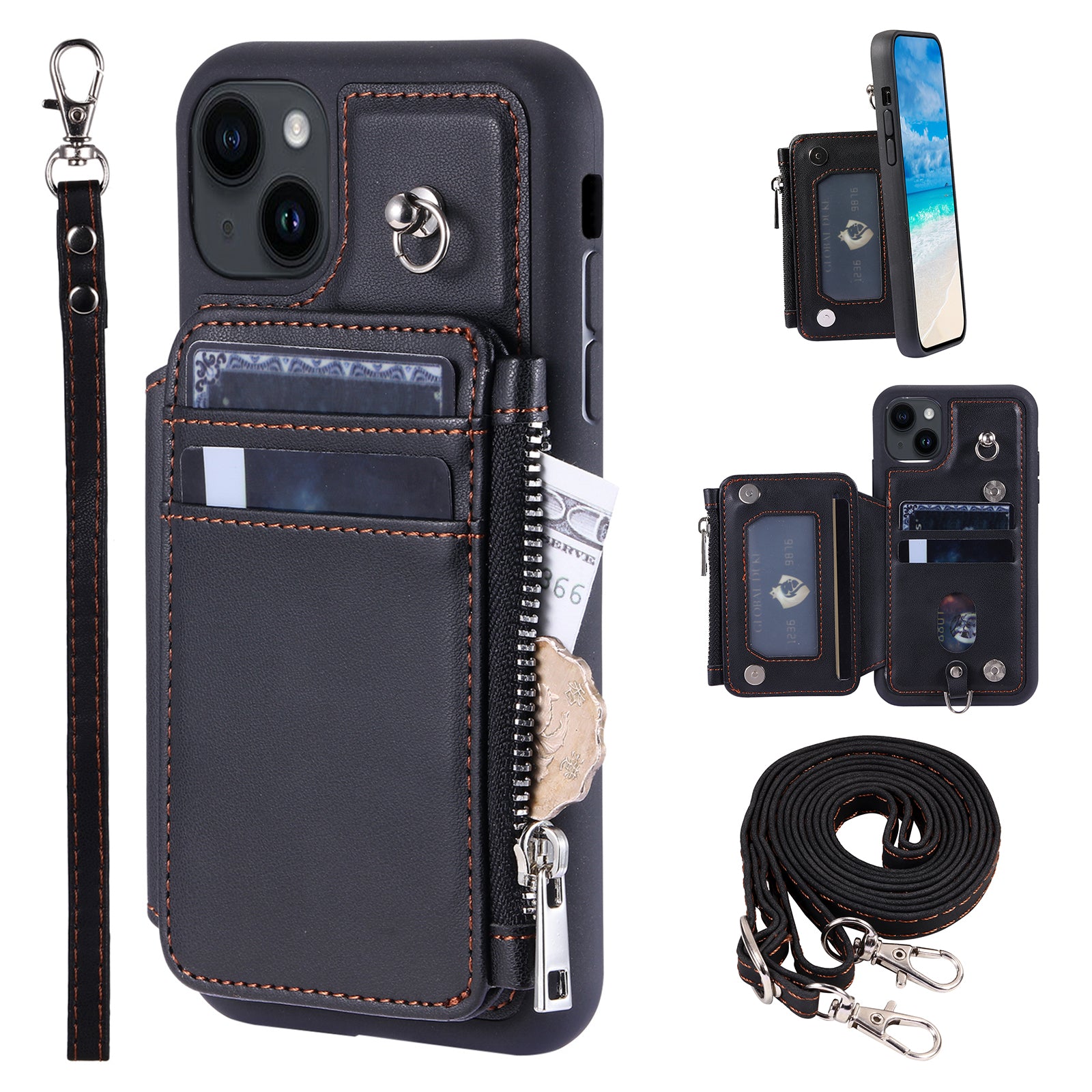 009 For iPhone 15 Kickstand Phone Cover RFID Blocking PU+TPU Zipper Wallet Phone Case with Straps