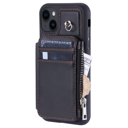 009 For iPhone 15 Kickstand Phone Cover RFID Blocking PU+TPU Zipper Wallet Phone Case with Straps