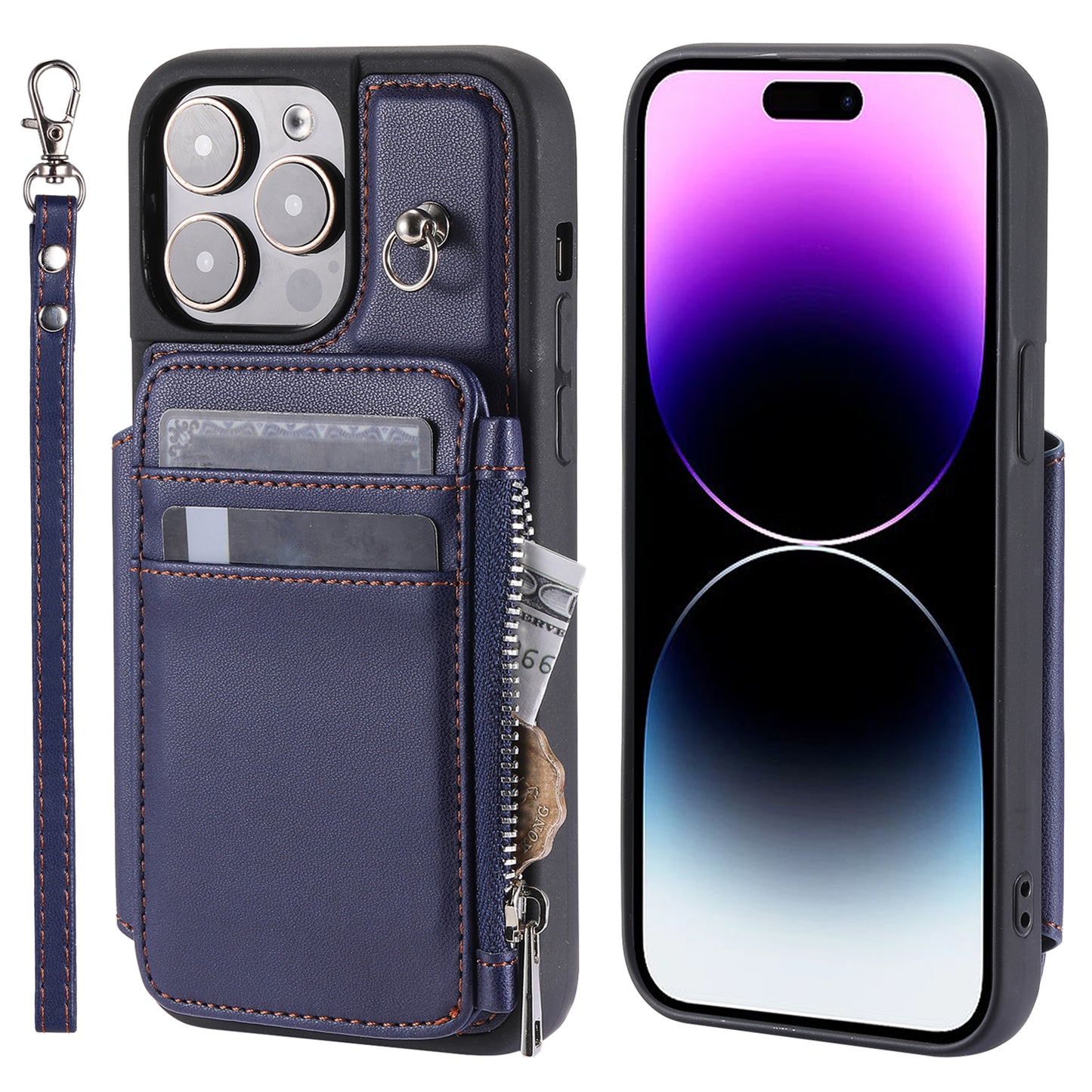 009 Protection Cover for iPhone 15 Pro Max , RFID Blocking PU+TPU Case Kickstand Zipper Wallet Shell with Strap