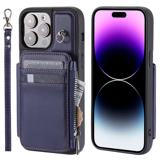 009 Protection Cover for iPhone 15 Pro Max , RFID Blocking PU+TPU Case Kickstand Zipper Wallet Shell with Strap