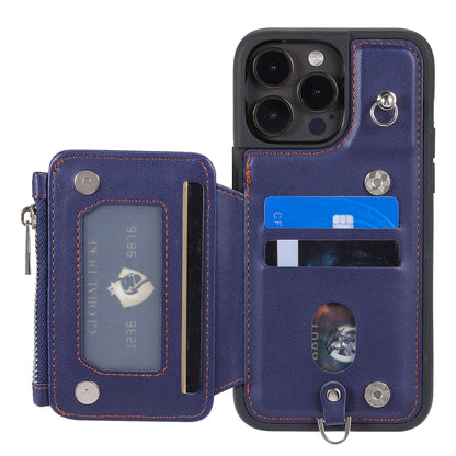 009 Protection Cover for iPhone 15 Pro Max , RFID Blocking PU+TPU Case Kickstand Zipper Wallet Shell with Strap