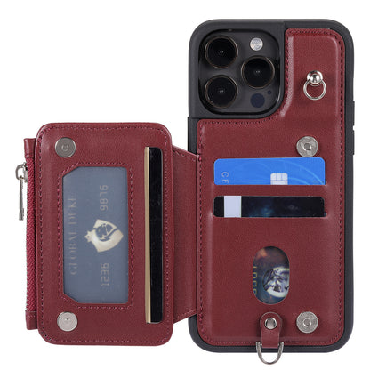 009 Protection Cover for iPhone 15 Pro Max , RFID Blocking PU+TPU Case Kickstand Zipper Wallet Shell with Strap