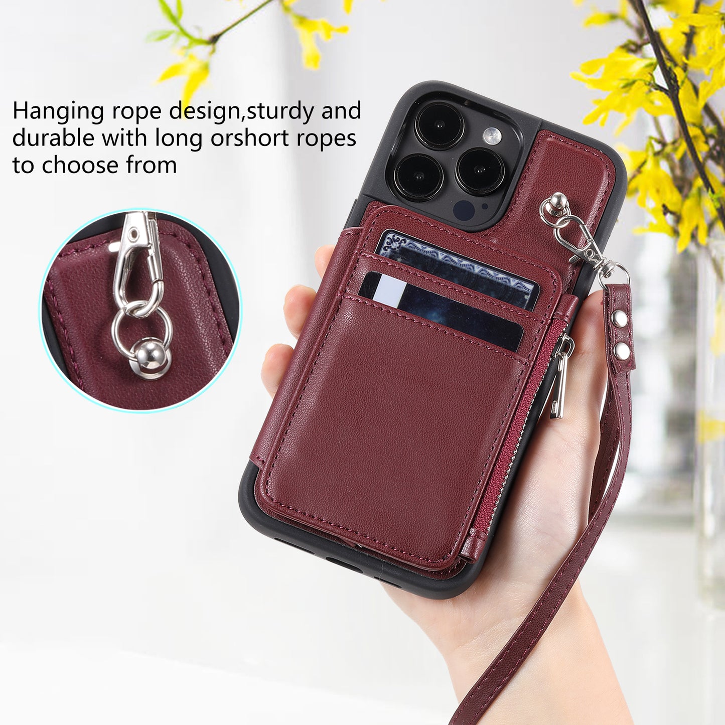 009 Protection Cover for iPhone 15 Pro Max , RFID Blocking PU+TPU Case Kickstand Zipper Wallet Shell with Strap
