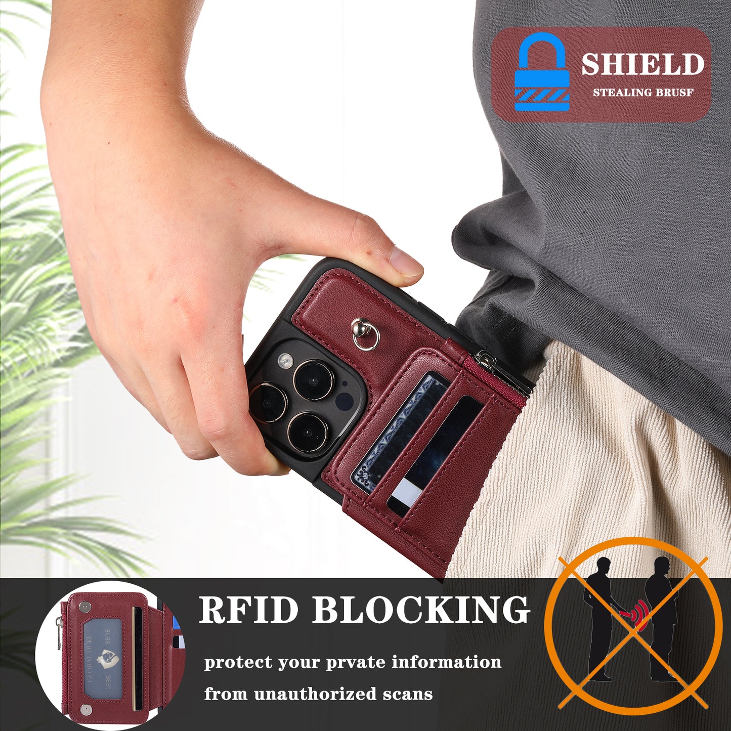 009 Protection Cover for iPhone 15 Pro Max , RFID Blocking PU+TPU Case Kickstand Zipper Wallet Shell with Strap