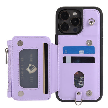 009 Protection Cover for iPhone 15 Pro Max , RFID Blocking PU+TPU Case Kickstand Zipper Wallet Shell with Strap