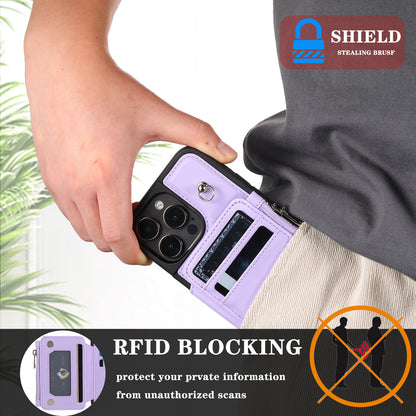 009 Protection Cover for iPhone 15 Pro Max , RFID Blocking PU+TPU Case Kickstand Zipper Wallet Shell with Strap