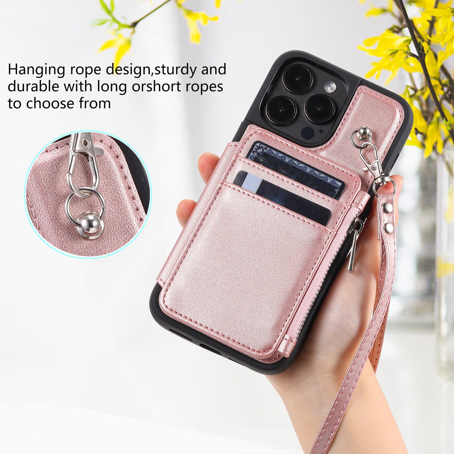 009 Protection Cover for iPhone 15 Pro Max , RFID Blocking PU+TPU Case Kickstand Zipper Wallet Shell with Strap