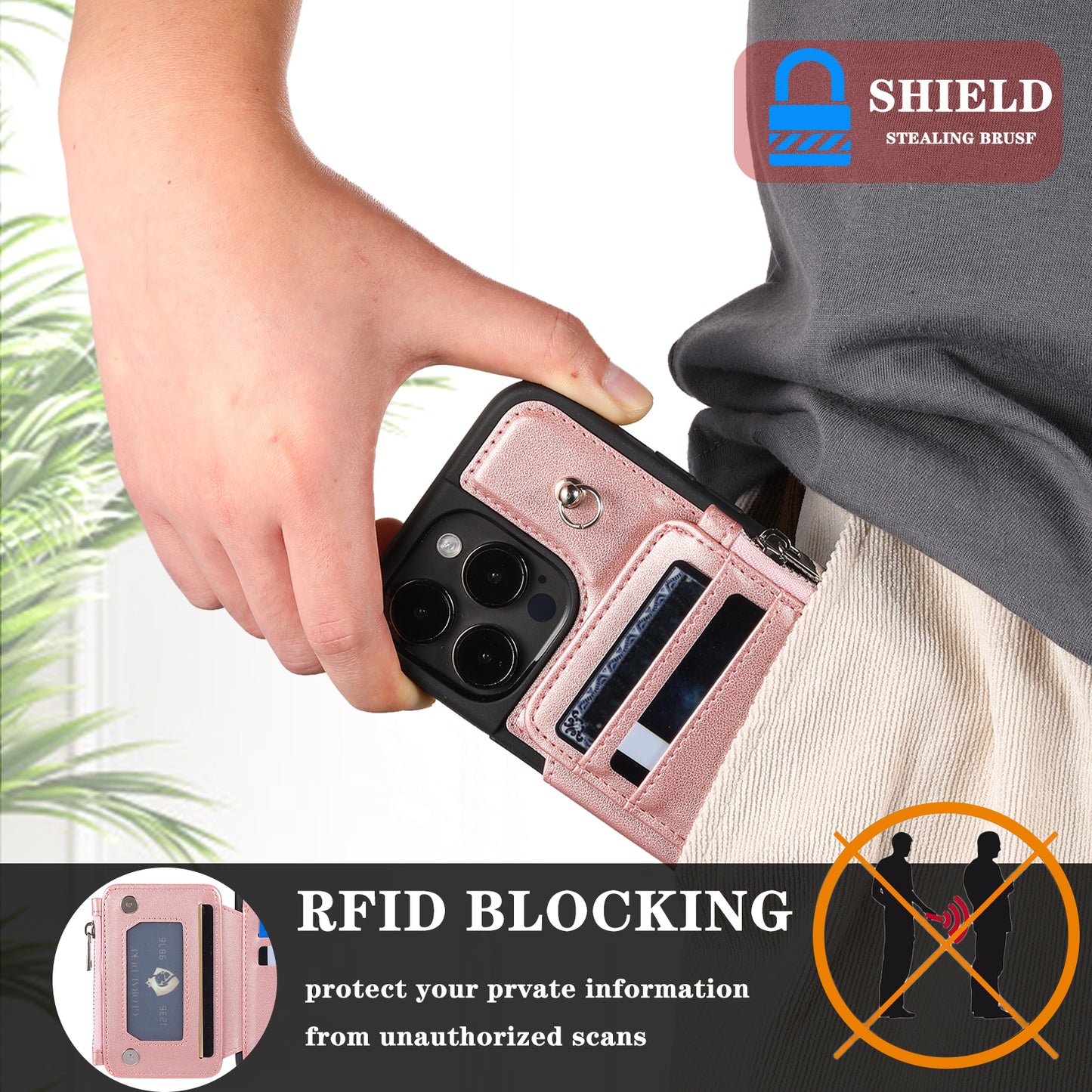 009 Protection Cover for iPhone 15 Pro Max , RFID Blocking PU+TPU Case Kickstand Zipper Wallet Shell with Strap