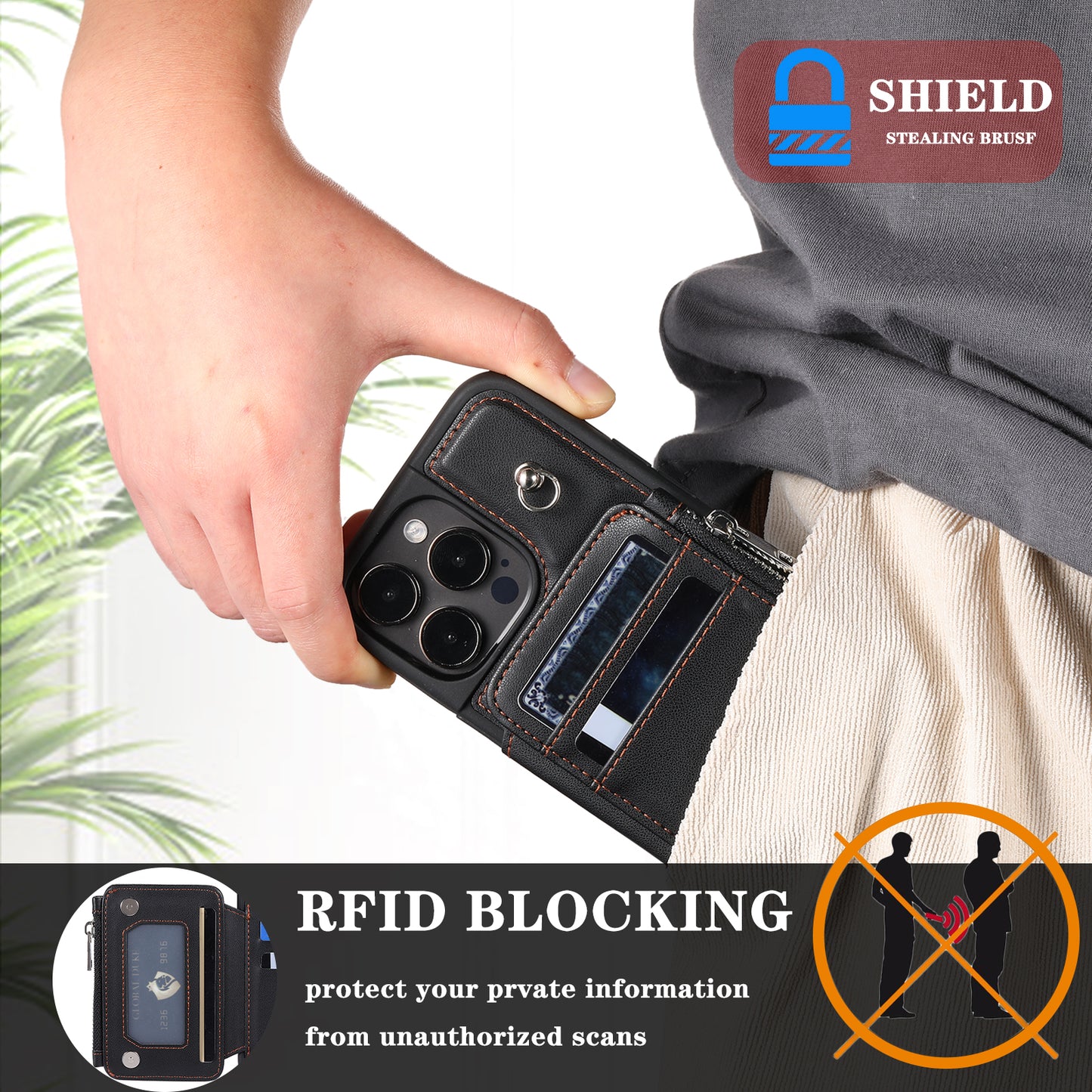 009 Protection Cover for iPhone 15 Pro Max , RFID Blocking PU+TPU Case Kickstand Zipper Wallet Shell with Strap