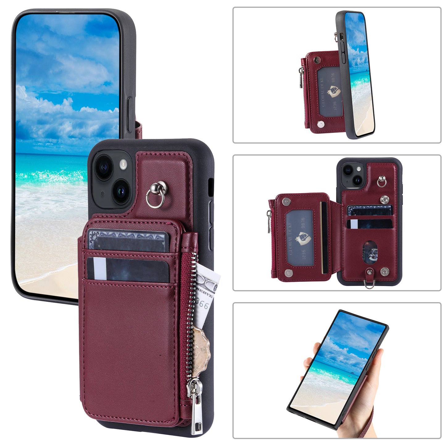 009 Cell Phone Case for iPhone 15 Plus , Kickstand Zipper Wallet RFID Blocking PU+TPU Cover with Strap