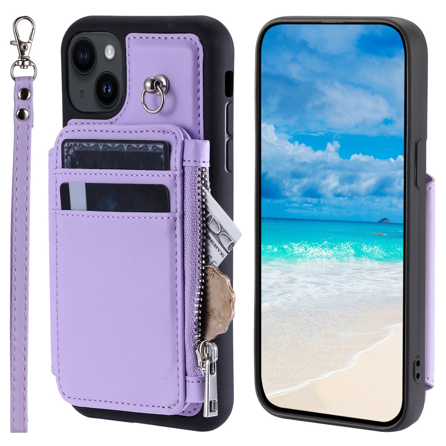 009 Cell Phone Case for iPhone 15 Plus , Kickstand Zipper Wallet RFID Blocking PU+TPU Cover with Strap
