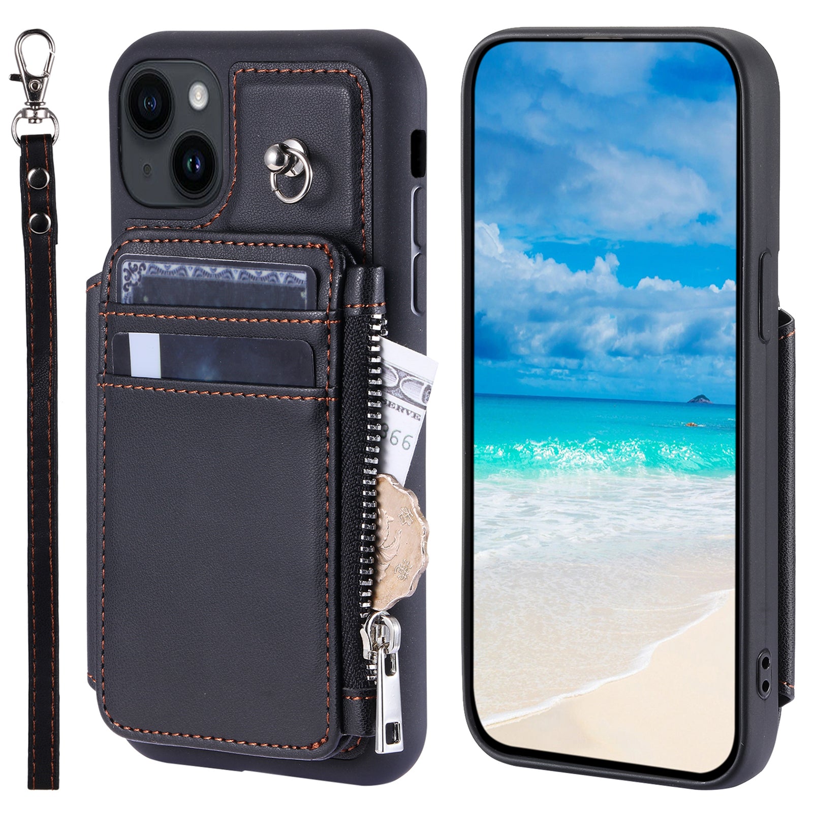 009 Cell Phone Case for iPhone 15 Plus , Kickstand Zipper Wallet RFID Blocking PU+TPU Cover with Strap