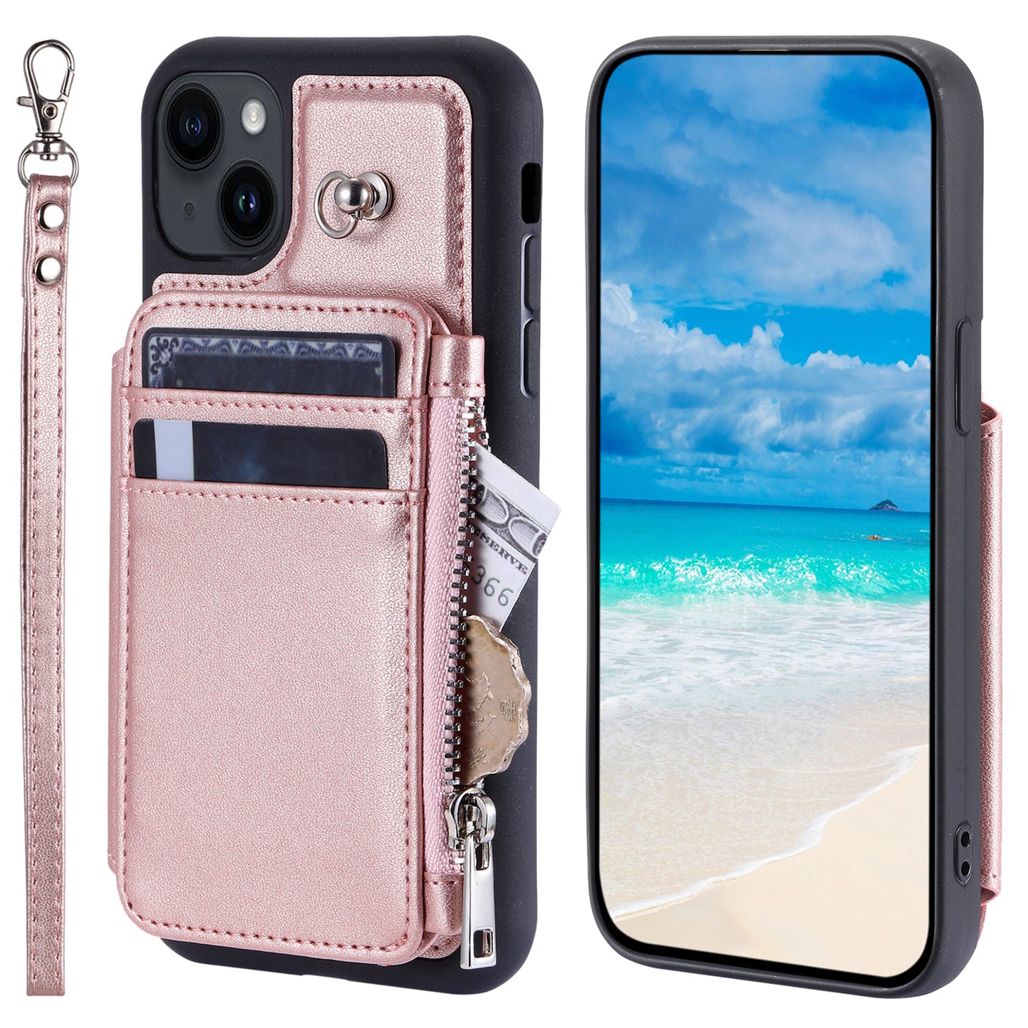 009 Cell Phone Case for iPhone 15 Plus , Kickstand Zipper Wallet RFID Blocking PU+TPU Cover with Strap