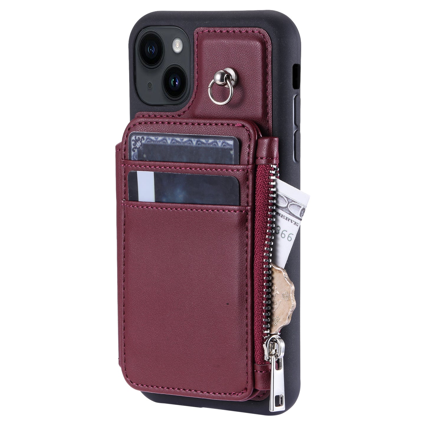 009 RFID Blocking PU+TPU Phone Cover for iPhone 15 Plus Kickstand Zipper Wallet Phone Case with Straps