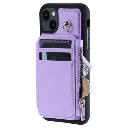 009 RFID Blocking PU+TPU Phone Cover for iPhone 15 Plus Kickstand Zipper Wallet Phone Case with Straps