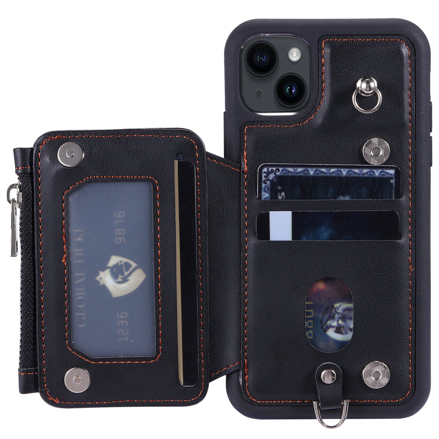 009 RFID Blocking PU+TPU Phone Cover for iPhone 15 Plus Kickstand Zipper Wallet Phone Case with Straps